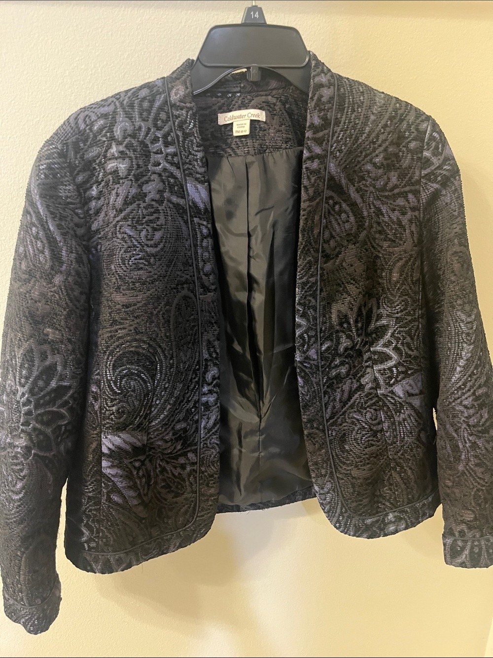 Coldwater Creek Black Textured Paisley Open-Front Jacket